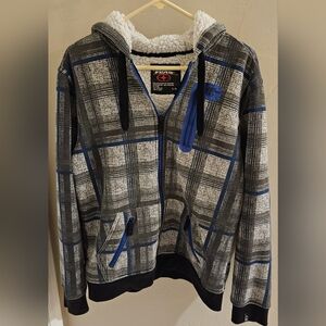 NO FEAR Hoodie Y2K Young Mens Sherpa Lined Jacket Blue Black Gray Plaid Coat Lg